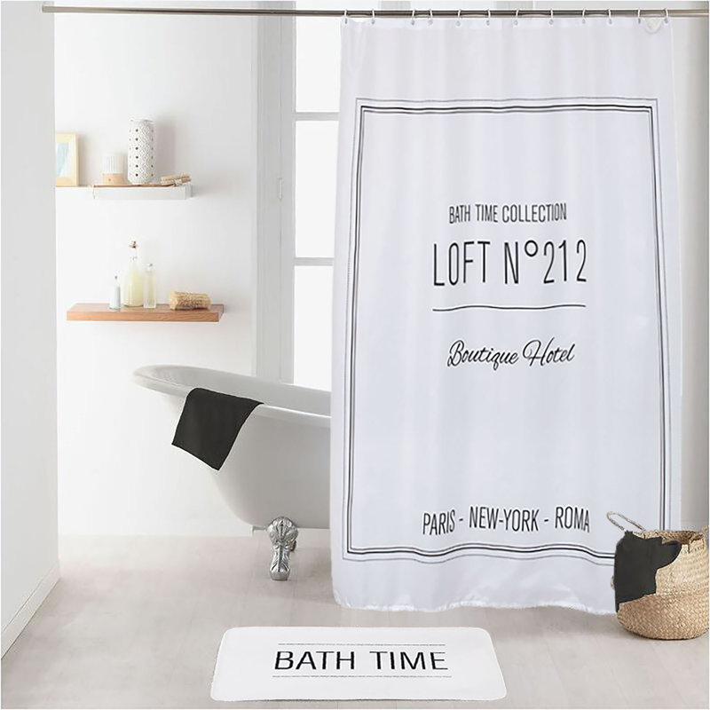 Extra Long White Polyester Shower Curtain with Black Writing Design