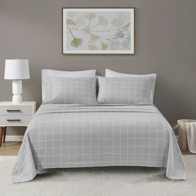 Cozy Cotton Flannel Grey Windowpane Cozy Flannel 100% Cotton 4-Piece Cal King Sheet Set