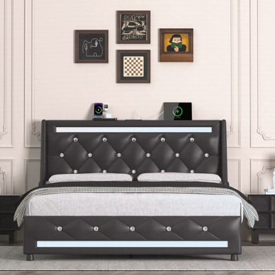 Full Bed Frame With Headboard, Upholstered Platform Bed Frame Full Size With Charging Station & LED Lights, Mattress Foundation With Wooden Slats Support