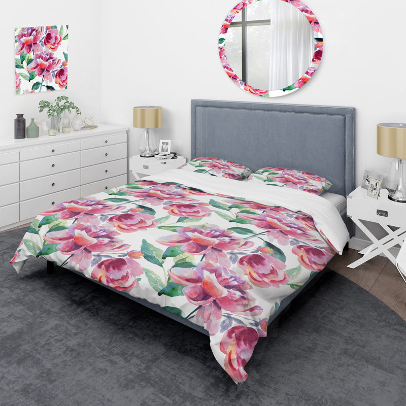 Fleurs roses et feuille verte - ensemble de housse de couette floral - microfibre de polyester