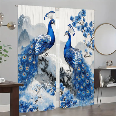 2Pcs Blue Peacock Curtains, Beautiful Abstract Ink Painting Animal Pattern Window Drapes for Living Room Bedroom Dining Rod Pocket, Modern Farmhouse French Country  Light Filtering Curtain