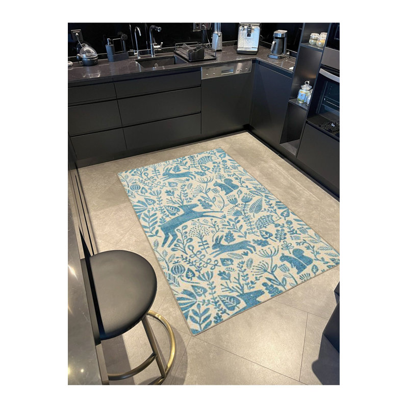 Tapis tissé lavable traditionnel crème à motif animal bleu, Sous-tapis carré 3 pi 3 po inclus