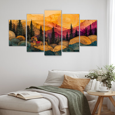 «Native Indian Village In AForest Landscape II», art mural indien - ensemble d'art mural traditionnel diamant