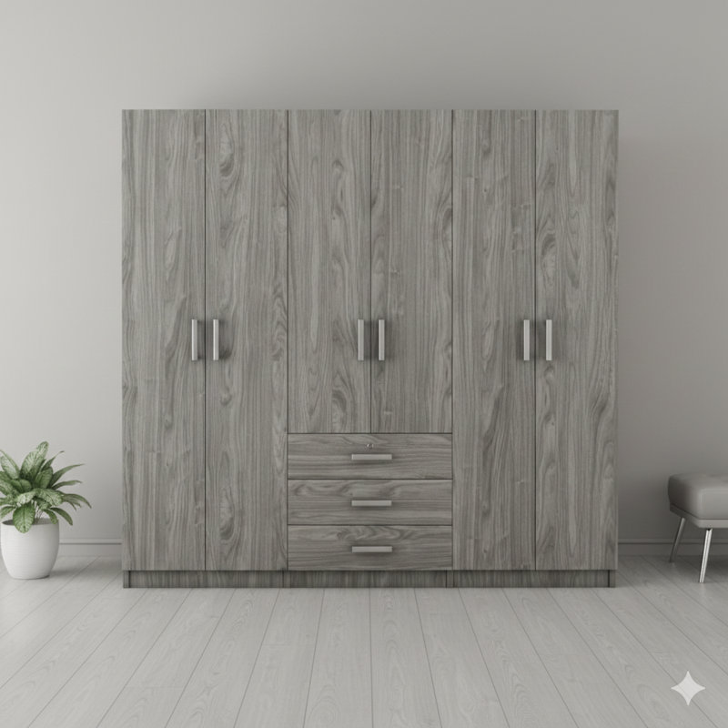 Armoire de rangement à six panneaux en bois pour les chambres à coucher, comprenant des compartiments de rangement spacieux, finition grise