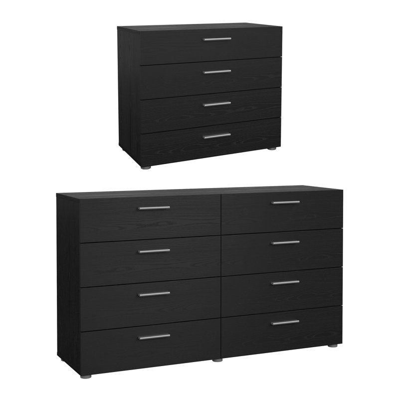 Ensemble de chambre à coucher 2 pièces avec commode double 8 tiroirs Pepe, grain de bois noir