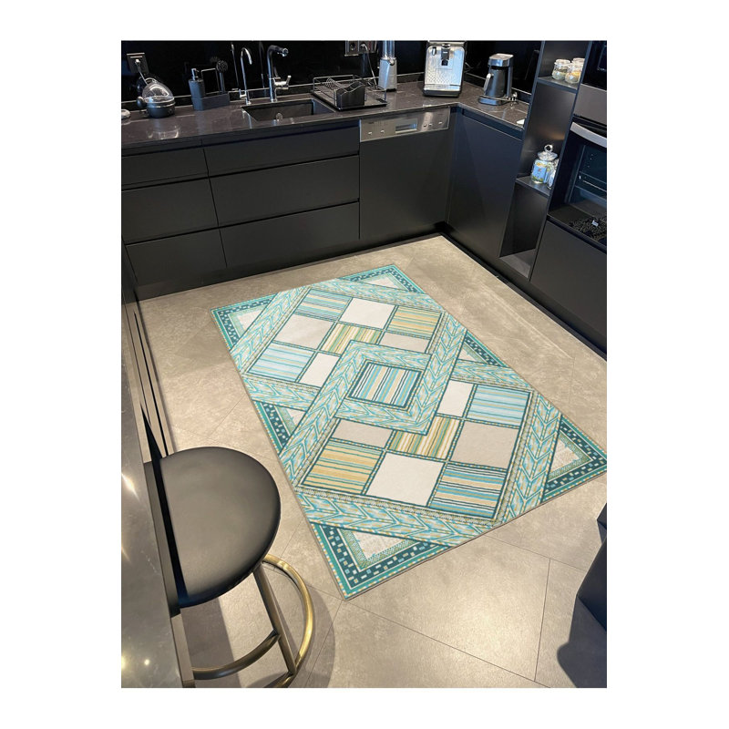 Tapis lavable décoratif multicolore à motif géométrique turquoise, Sous-tapis carré 3 pi 3 po inclus
