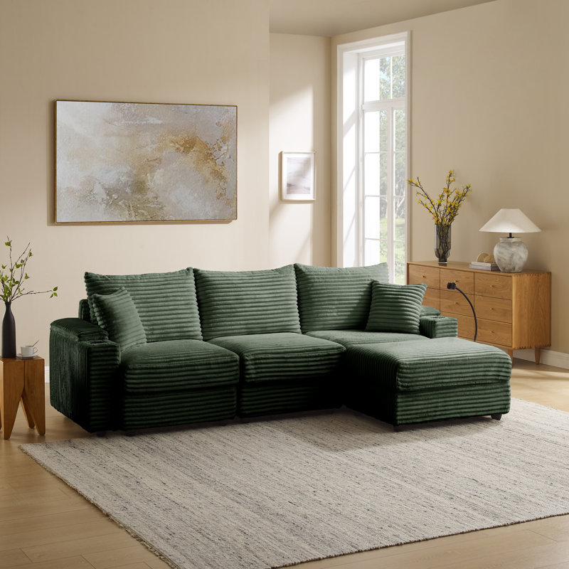 Ensemble de canapé 4 places en L en velours côtelé - avec ports de charge USB, supports pour téléphone et accoudoirs de rangement multifonctionnels