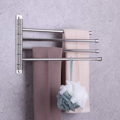 Porte-serviettes mural à 4 bras rotatifs en acier inoxydable poli pour salle de bain