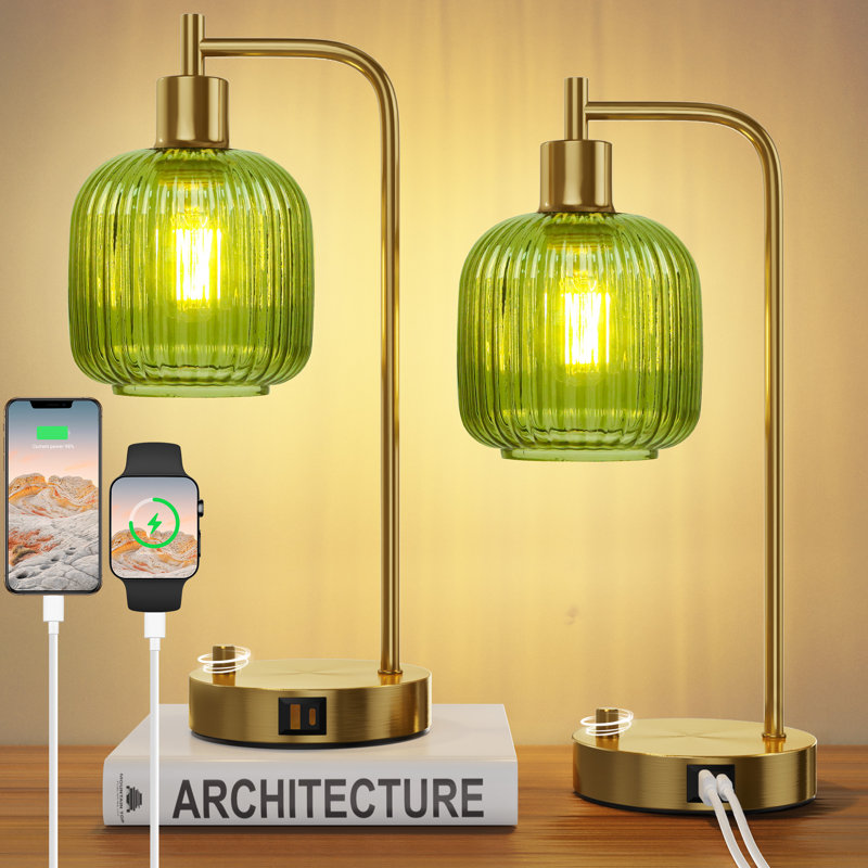 Ensemble de 2 lampes de table vertes en verre avec ports USB A&C pour chambre à coucher, Doré, Vert