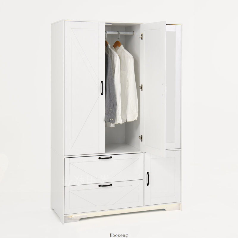 Garde-robe blanche à 4 portes avec miroir, lumière DEL, 2 tiroirs, tringle et tablettes réglables blanches