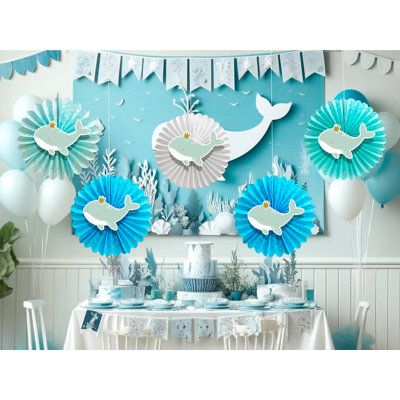 5 Pcs Whales Tissue Hanging Fans Set, 12-Inch, Perfect for Ocean-Themed Birthday Parties & Baby Showers
