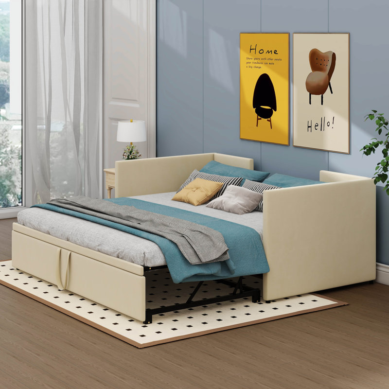 Shamina Upholstered daybed with Pop Up Trundle, Beige