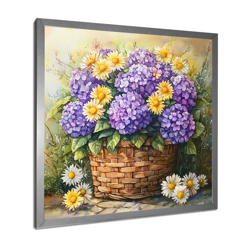 Hortensias et marguerites dans un panier - hydrangées, art mural, H 30 po x l 30 po, Reproduction encadrée d'une seule photo