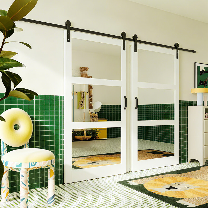 Modern Mirror Surfaced Design - 3 Lite Mirror Set Sliding Interior Barn Door With Manufacture Wood Include Hardware