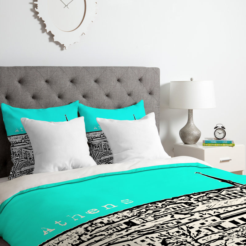 Ensemble de housse de couette Athens, Housse de couette pour grand lit et 2 taies décor, Aigue-marine