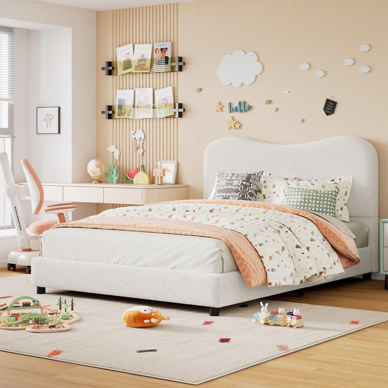 Cadre de lit simple / double / grand pour enfants avec tête de lit tapissier en velours, joli lit plateforme à profil bas pour filles et garçons