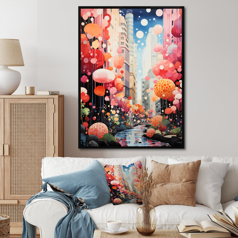 Bulle de gomme, paysage urbain Horizon I - art mural art déco urbain, Cadre flottant noir, H 32 po x l 24 po