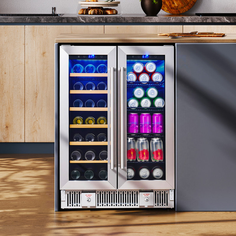 Réfrigérateur à boissons - Réfrigérateur à deux zones de 24 po avec porte vitrée, tablettes réglables et panneau tactile à DEL, conception sous comptoir pour bière à vin, encastrée ou autoportante