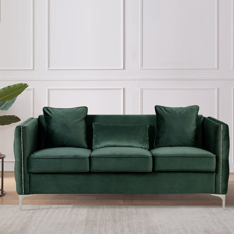 Canapé en velours mauve avec 3 coussins, Velours vert