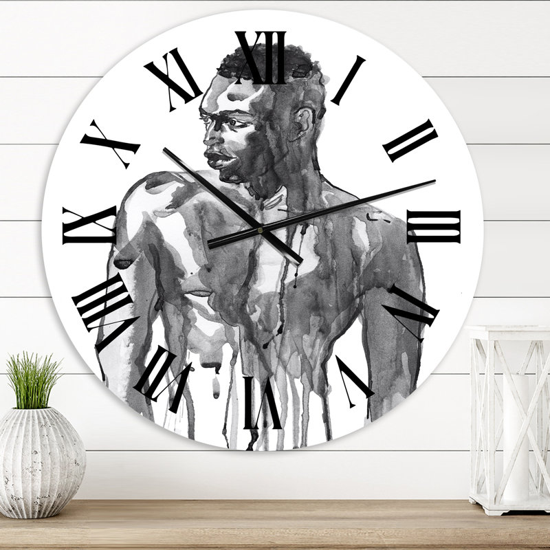 Portrait d'un bel homme africain sur fond blanc I - horloge murale moderne, Grand, Brun