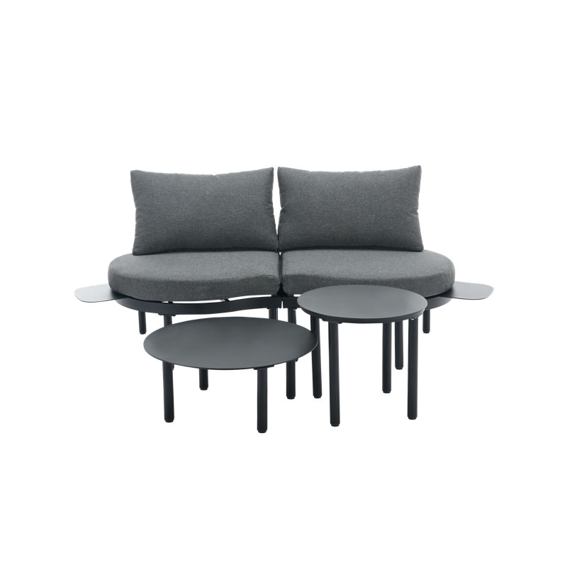 Patio Curved Sofa with Coffee Table, Black Cushion/Dark Grey Frame