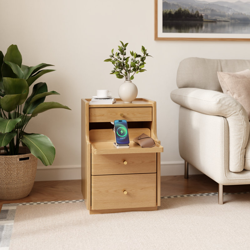 Soild Wooden Nightstand with Raised-Edge Top, Sliding Shelf, Cable Hole & Skirting Board Space, Tan, 15.75" W