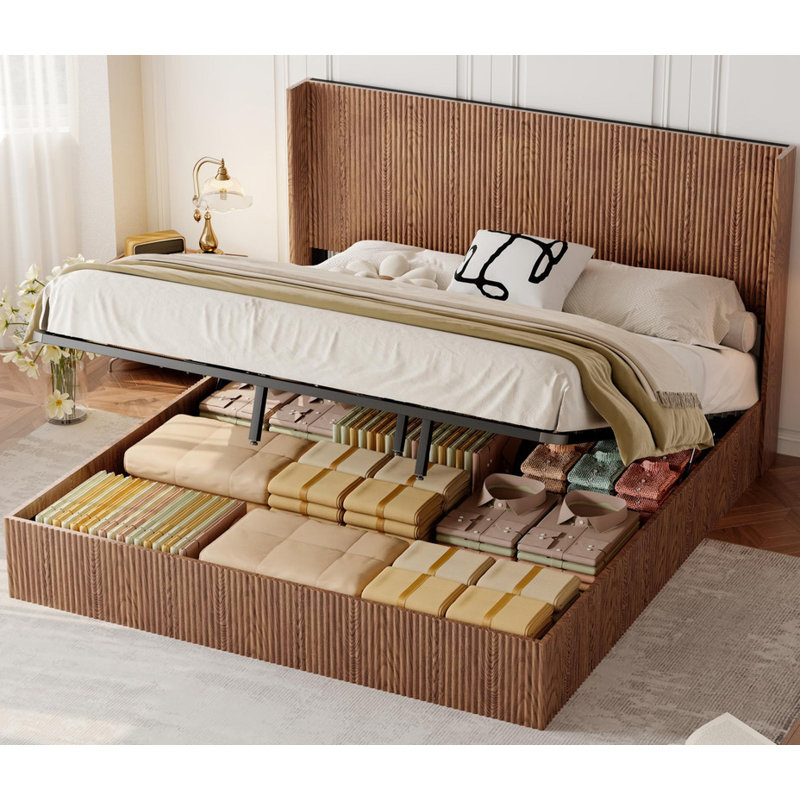 Structure de lit plateforme en bois avec rangement relevable, Très grand lit