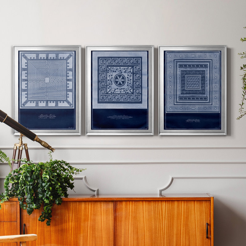 Indigo Tile I - ensemble de 3 impressions sur toile encadrées, H 22,5 po x l 91,5 po x P 1,5 po, Encadrement argenté