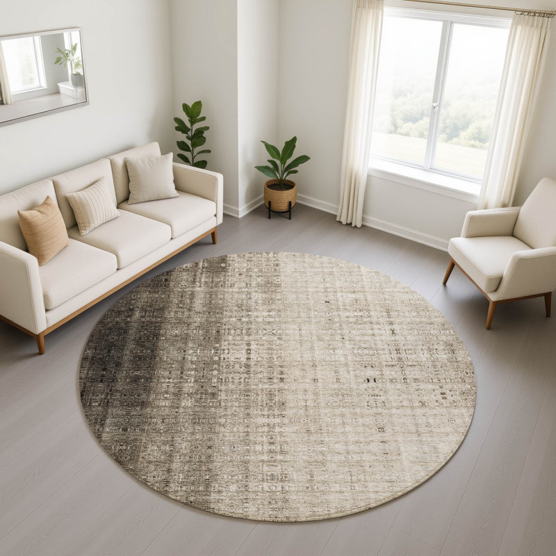 Premium Machine Washable Mayfield AMF2240 Striped Rug, 8' Round, Brown