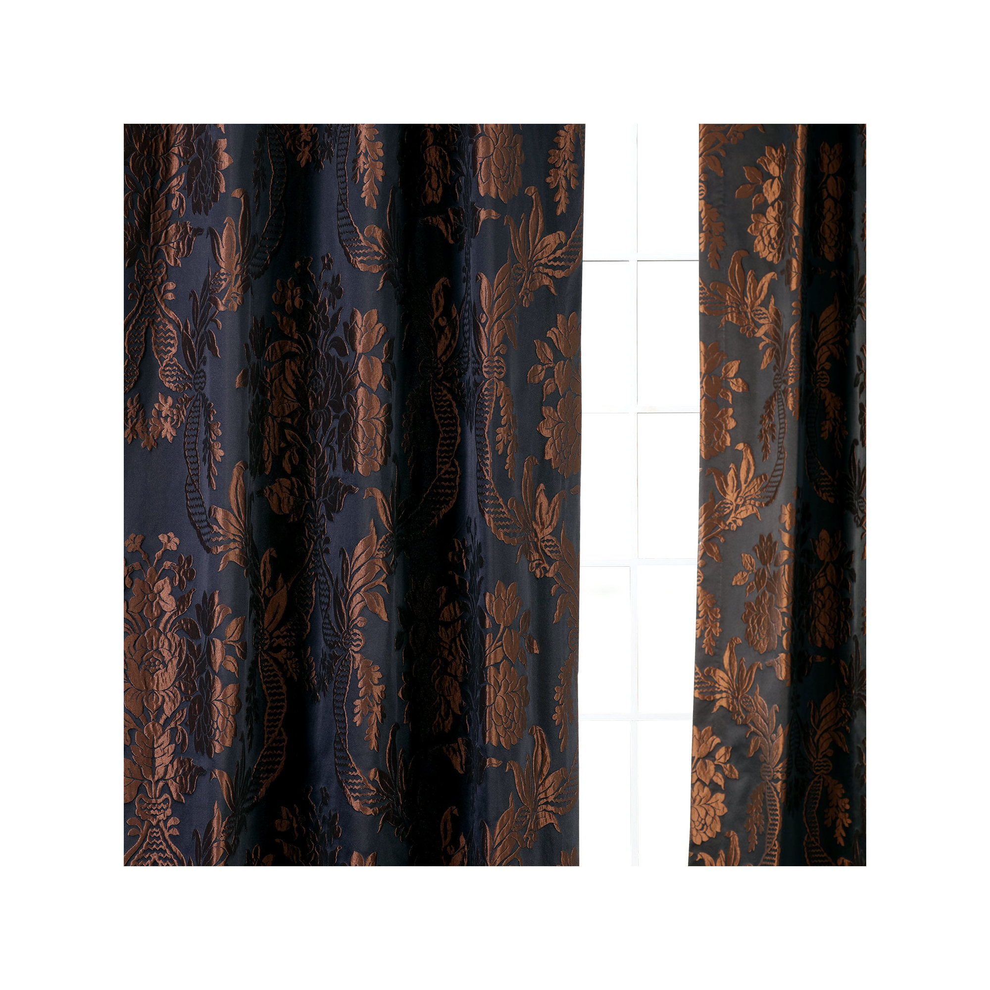 Ballsallagh Baroque Floral Faux Silk Jacquard Room Darkening Window Curtain -Single Panel, 50" W x 84" L, Black/Cognac