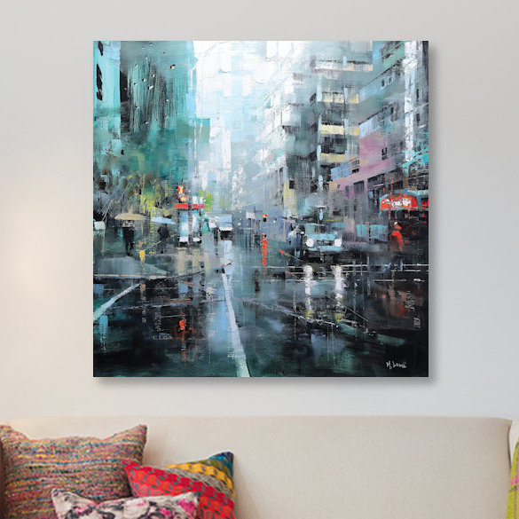 « montréal turquoise pluie », impression sur toile, H 18 po x l 18 po x P 1,5 po, Toile tendue, Pas de tapis