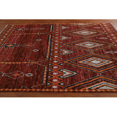 Tapis rouge / gris en laine noué à la main de conception unique 7 pi 1 po x 9 pi 10 po New Age