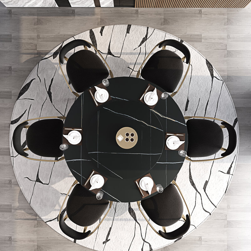 Dining Table Set With 51'' Round Faux Marble Table Top With Lazy Susan And 6 Fabric Dining Arm Chairs, Black/Gold