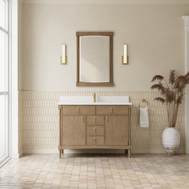 Kinnsden 48" W Single Vanity, White Zeus Silestone with Backsplash, Weathered Oak, Single-Hole