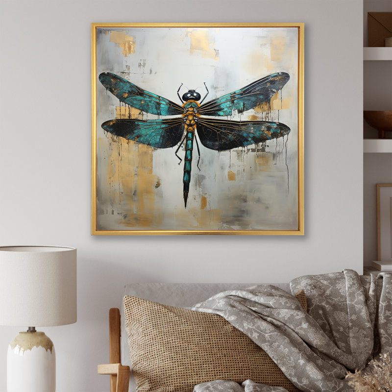 Élégance de libellule verte - Art mural libellule, Cadre flottant doré, H 16 po x l 16 po x P 1 po