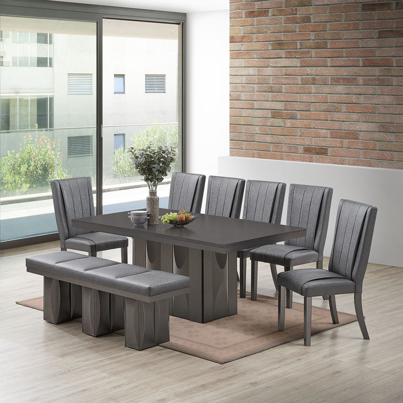 Banc de salle à manger Laronda avec assise rembourrée et base en bois, conception rectangulaire moderne, Gris