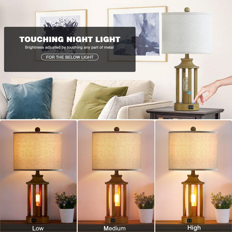 Cochranville 23.6" Modern Lantern Table Lamp with USB Ports and Touch Control, Beige, Gold