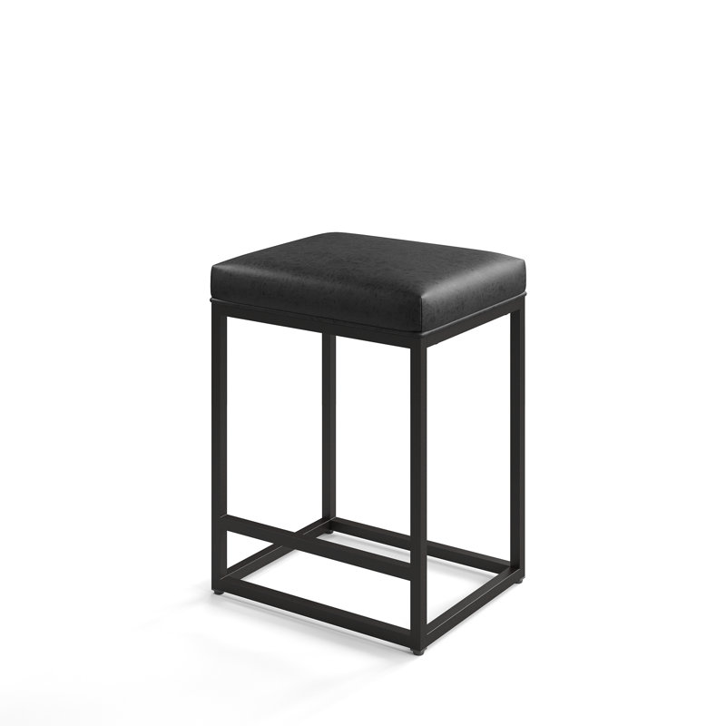 24'' Modern Kitchen Counter Stool with Upholstered Faux Leather & Footrest, 1, Black Seat/Black Frame