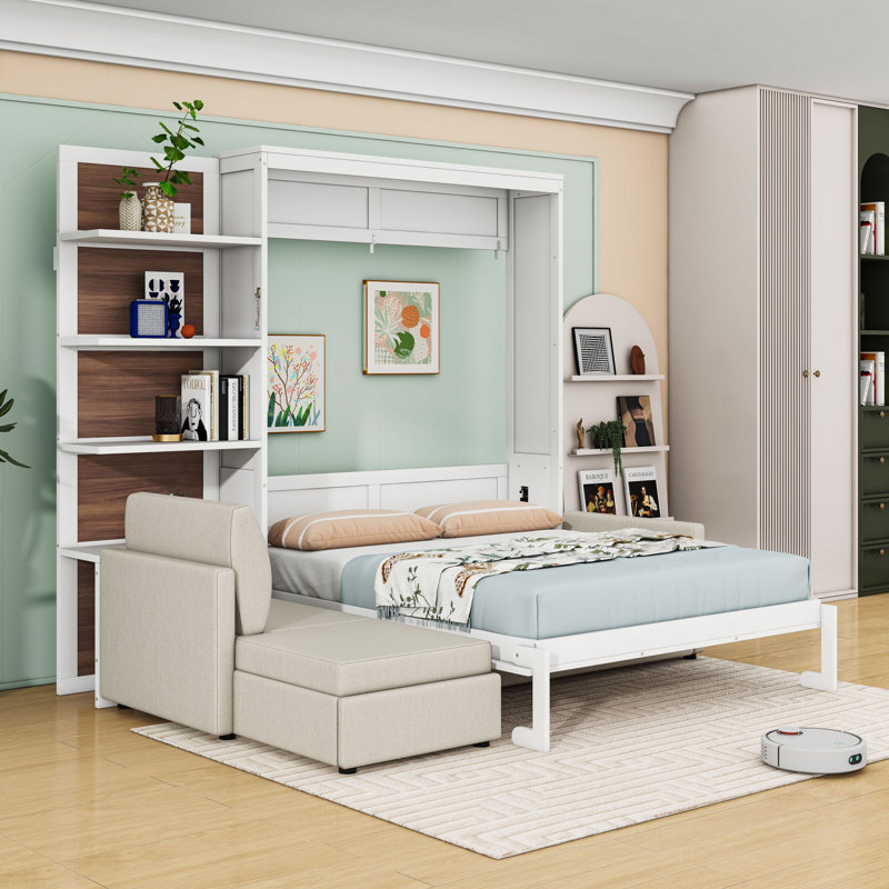 Grand lit escamotable avec canapé et tablettes, Blanc