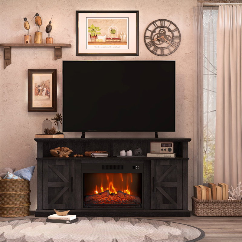 Boyle 58" Farmhouse TV Stand For TV Up To 65" With Electric Fireplace, Gray