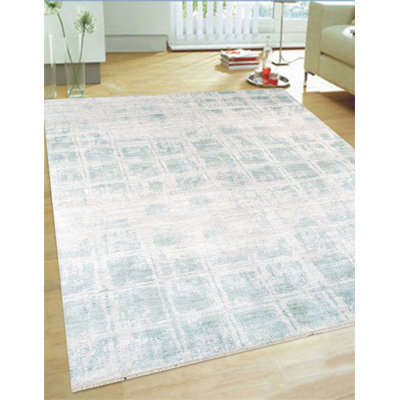 Tapis ivoire / turquoise moderne à motif géométrique noué à la main