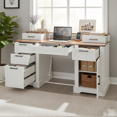 Bureau de ferme 59 po avec porte de grange, station de charge et armoire de rangement, bureau d'étude rustique avec support pour écran, plateau à clavier et tiroir classeur pour bureau ou salon