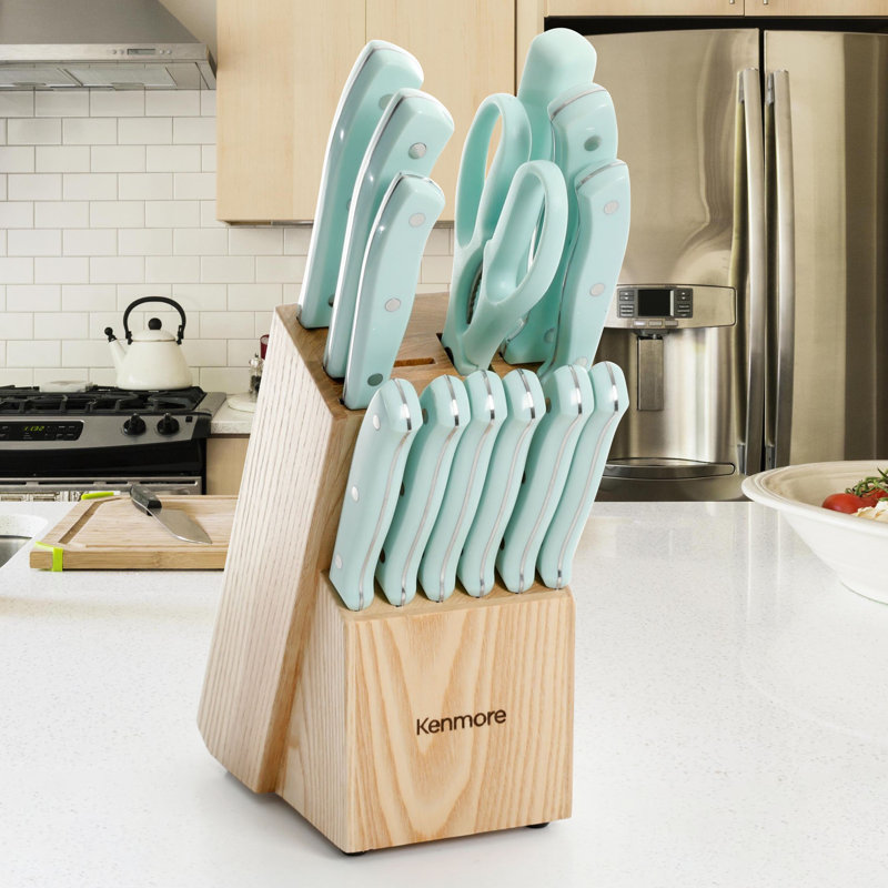 Kenmore Kane 14-Piece Glacier Blue Stainless Steel Cutlery Set with Rubber Wood Block