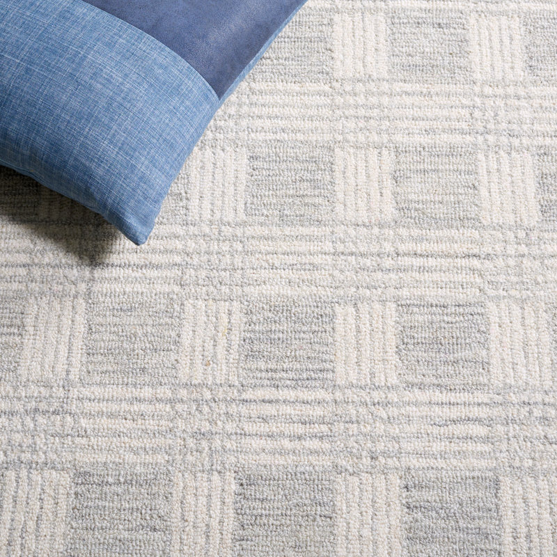 Tulane Hand Tufted Wool Cotton Checkered Rug in Ivory/Light Gray, Rectangle 5' x 8'