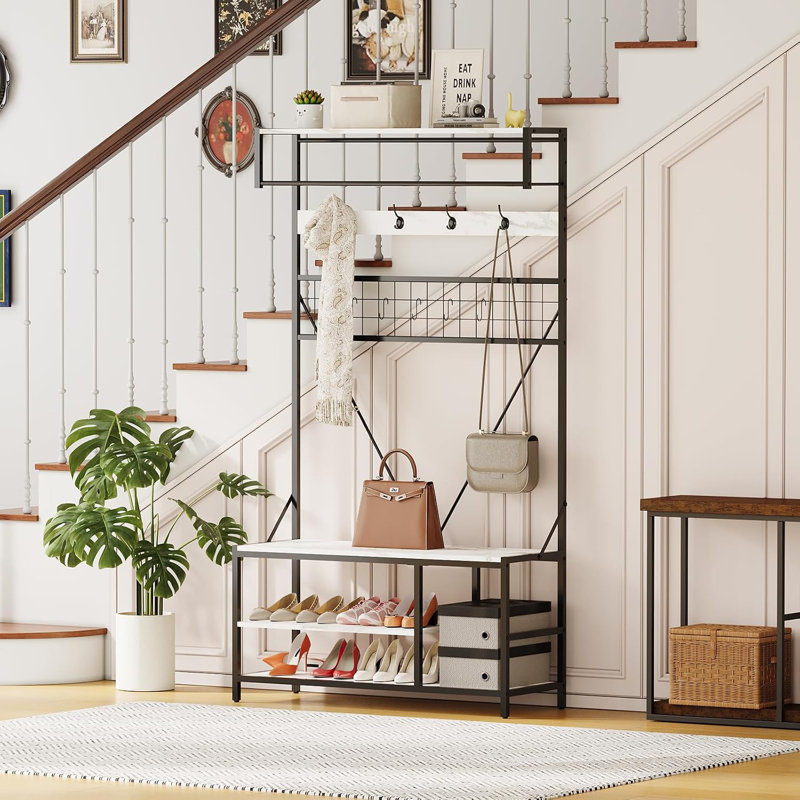 5-in-1 Hall Tree Coat Rack with Bench & Hooks Walnut