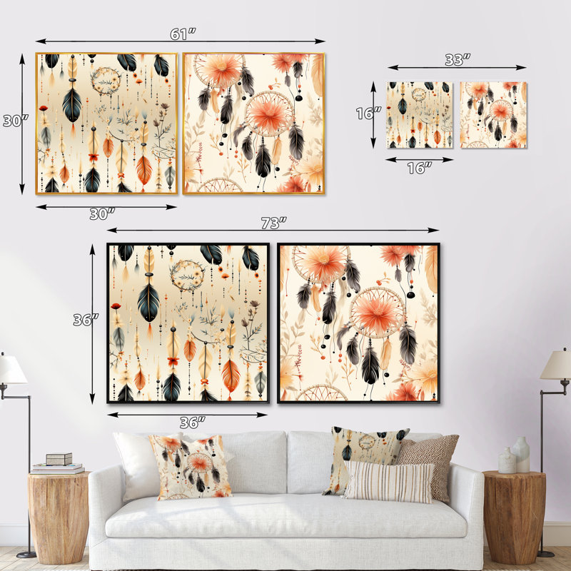 Motif bohème désertique Dreamcatchers - motif abstrait botanique carré, ensemble de 2, Toile tendue, H 30 po x l 61 po