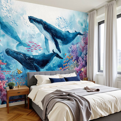 Peel and Stick Wallpaper Serene Whale Coral Reef Watercolor Coastal Wall Murals 100"H x 144"W Removable PVC Wall Paper Self-Adhesive Wall Decor for Bedroom Living Room Home Office