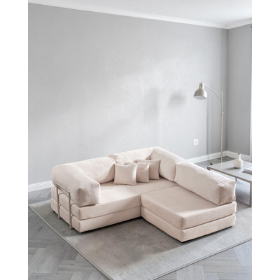 Cream Velvet L-Shaped Modular Sectional Floor Sofa with Low Seating