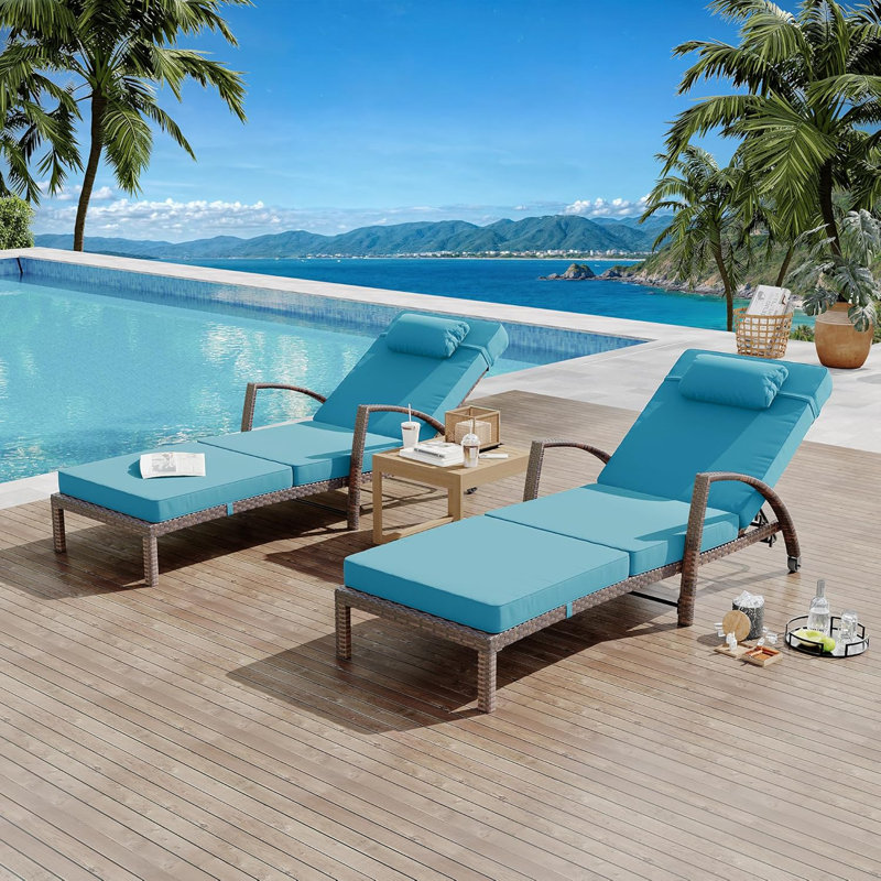Outdoor Lounge Chairs,2pcs Wicker Pool Chaise Lounge Chairs,Patio Folding Chaise Lounge,5-Position Adjustable, Blue