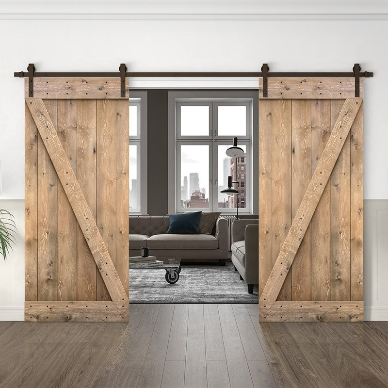 Porte de grange en bois massif lambrissé et métal, 76 po x 84 po, Brun pâle